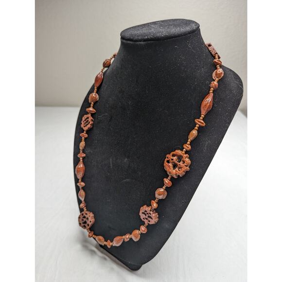 Vintage Mid Century Single Strand Wooden Bead Necklace Brown Art to Wear - Picture 2 of 4